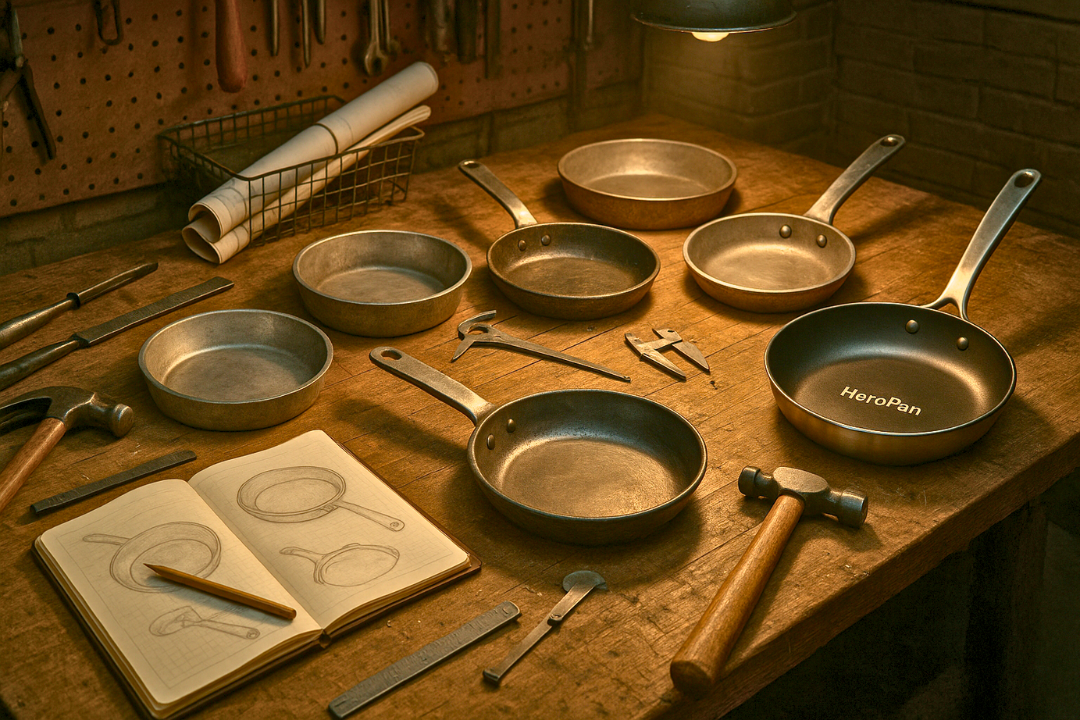 Set of frying pans on a wooden surface with tools and a notebook in the background.