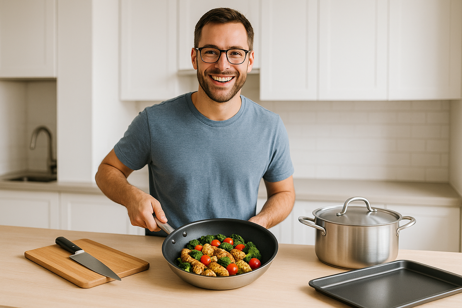 Man in a kitchen with a pan of food, smiling.