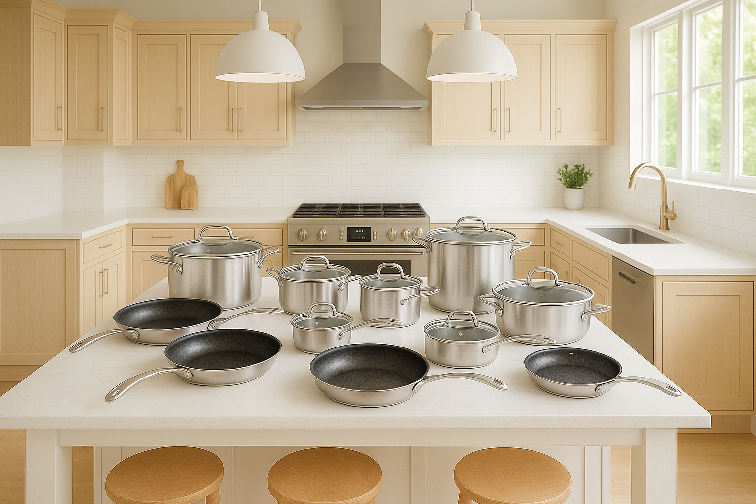 Set of cookware including pots and pans on a kitchen island with light wood cabinets and white countertops.