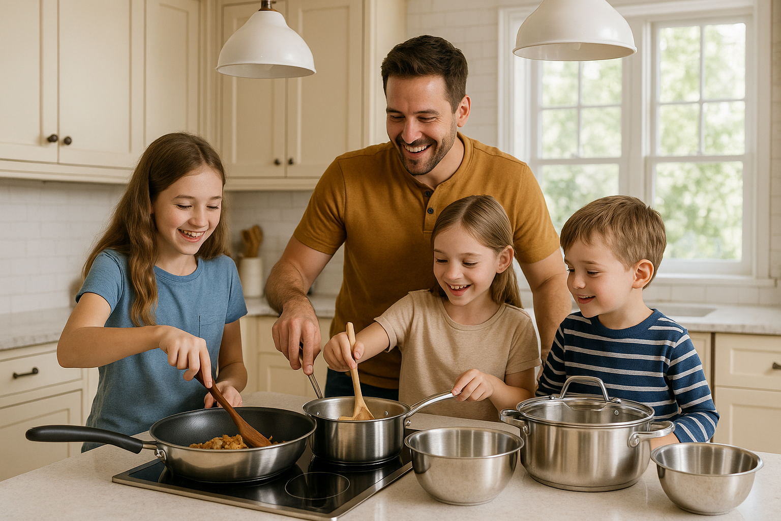 Family of four cooking together in a kitchen