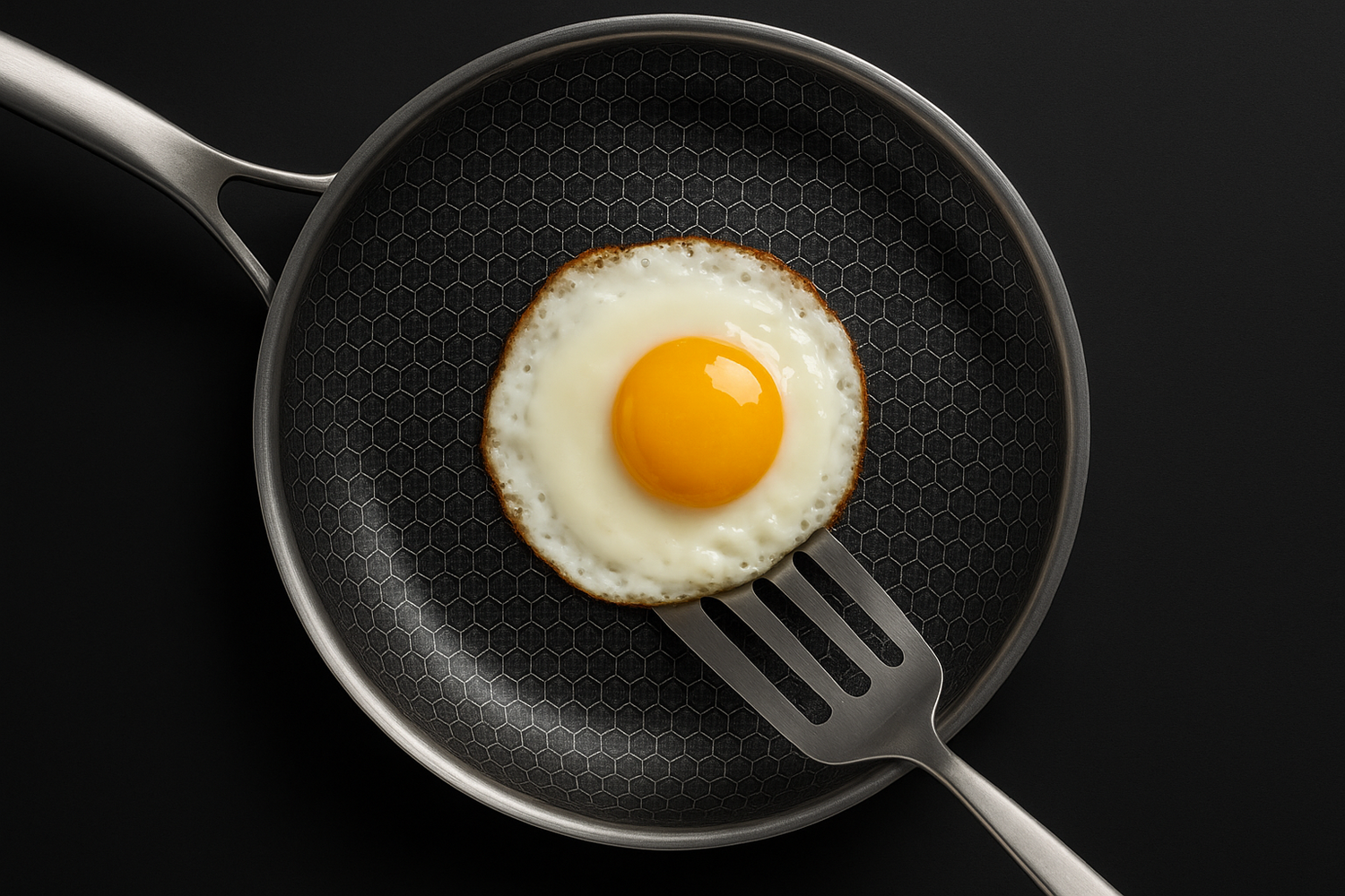 Fried egg on a black frying pan with a spatula