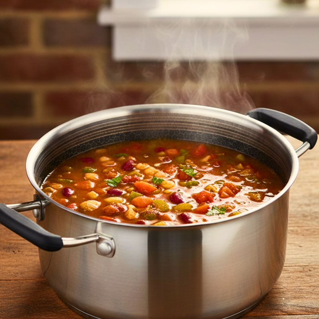 Stewing pot with colorful vegetables on a wooden surface