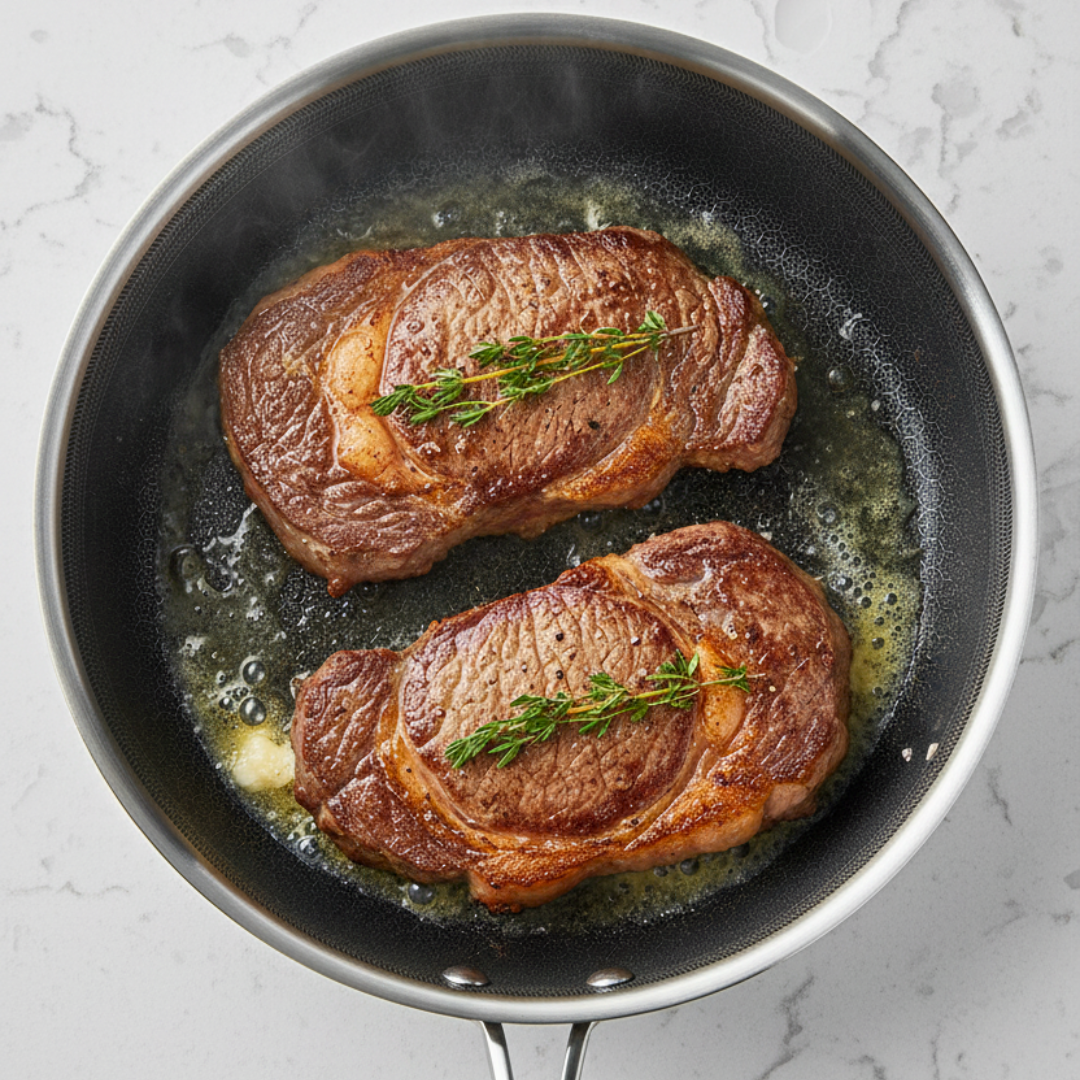 Two seared steaks with thyme in a frying pan on a light gray background