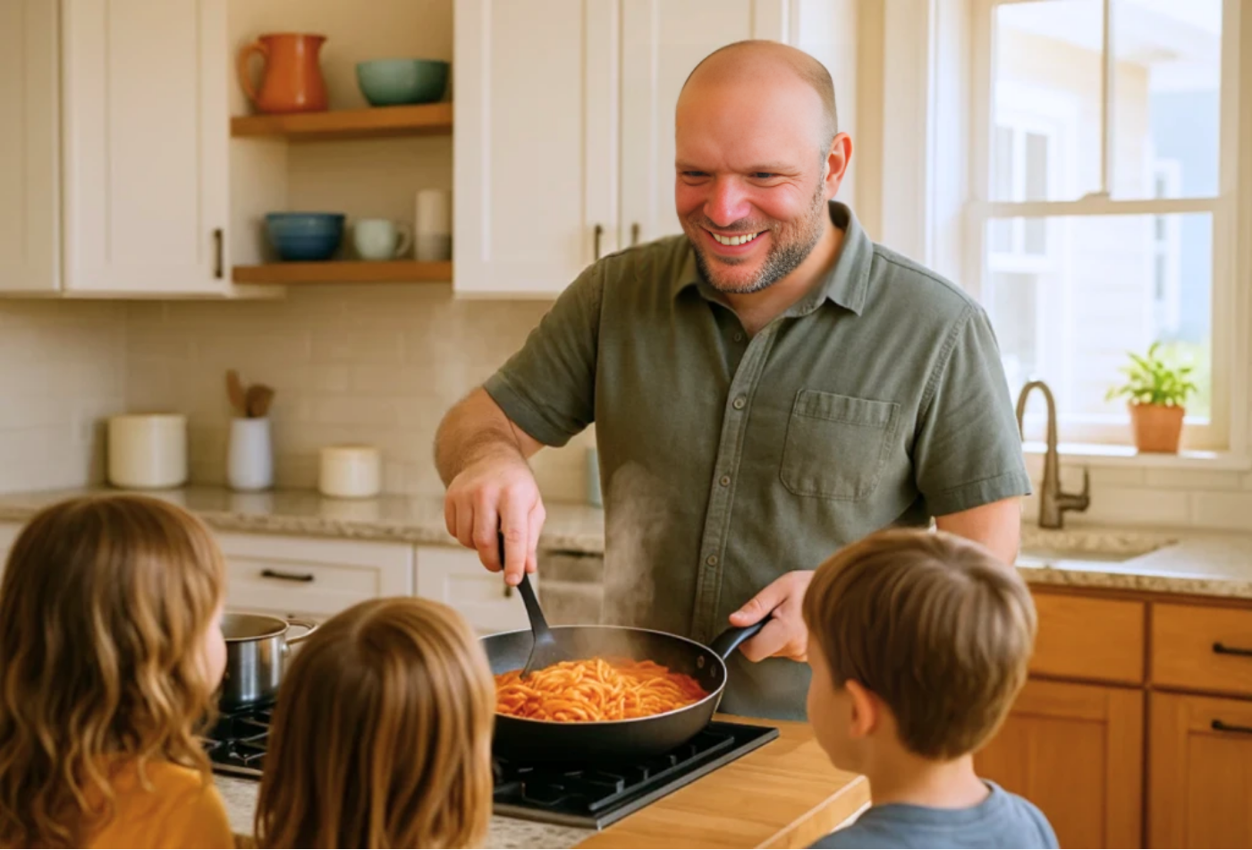 Man cooking pasta in a pan with children watching in a kitchen