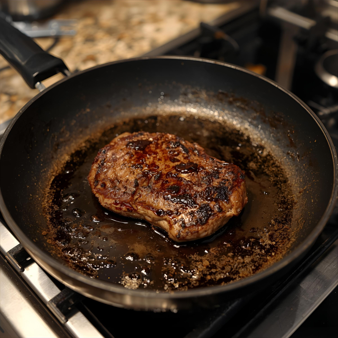 Browned steak in a frying pan on a stovetop