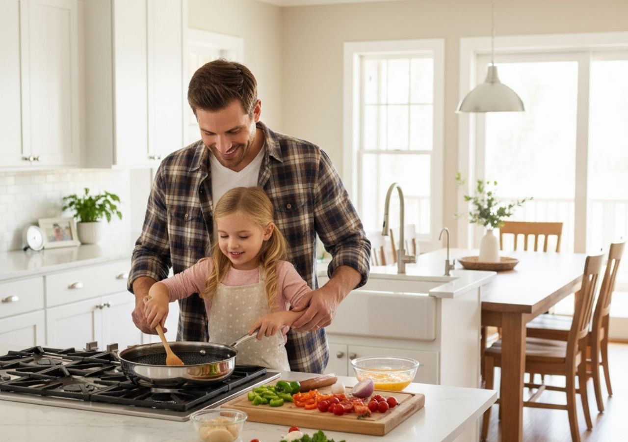 Man and young girl cooking together in a bright kitchen