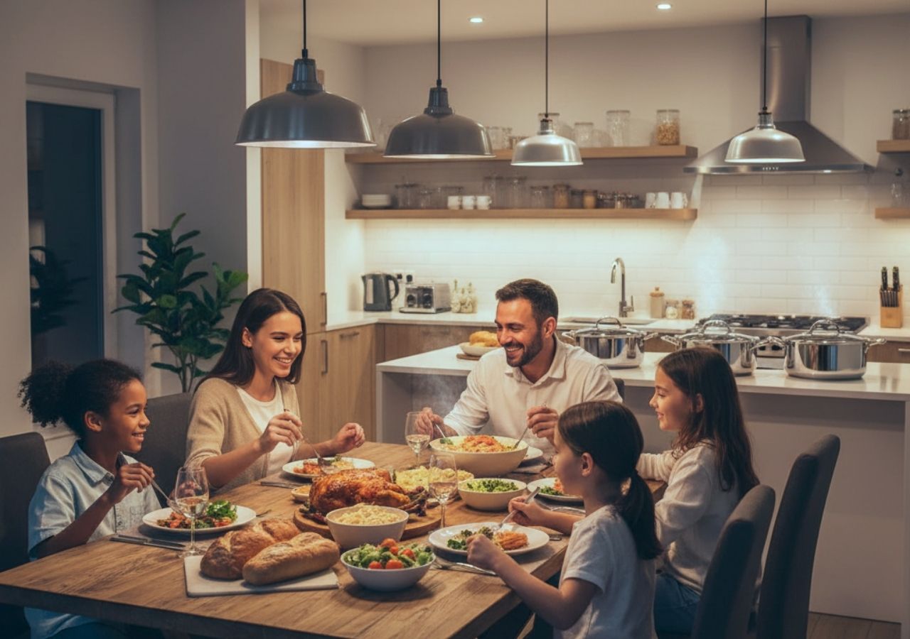 Family of five enjoying a meal together at a modern kitchen table.