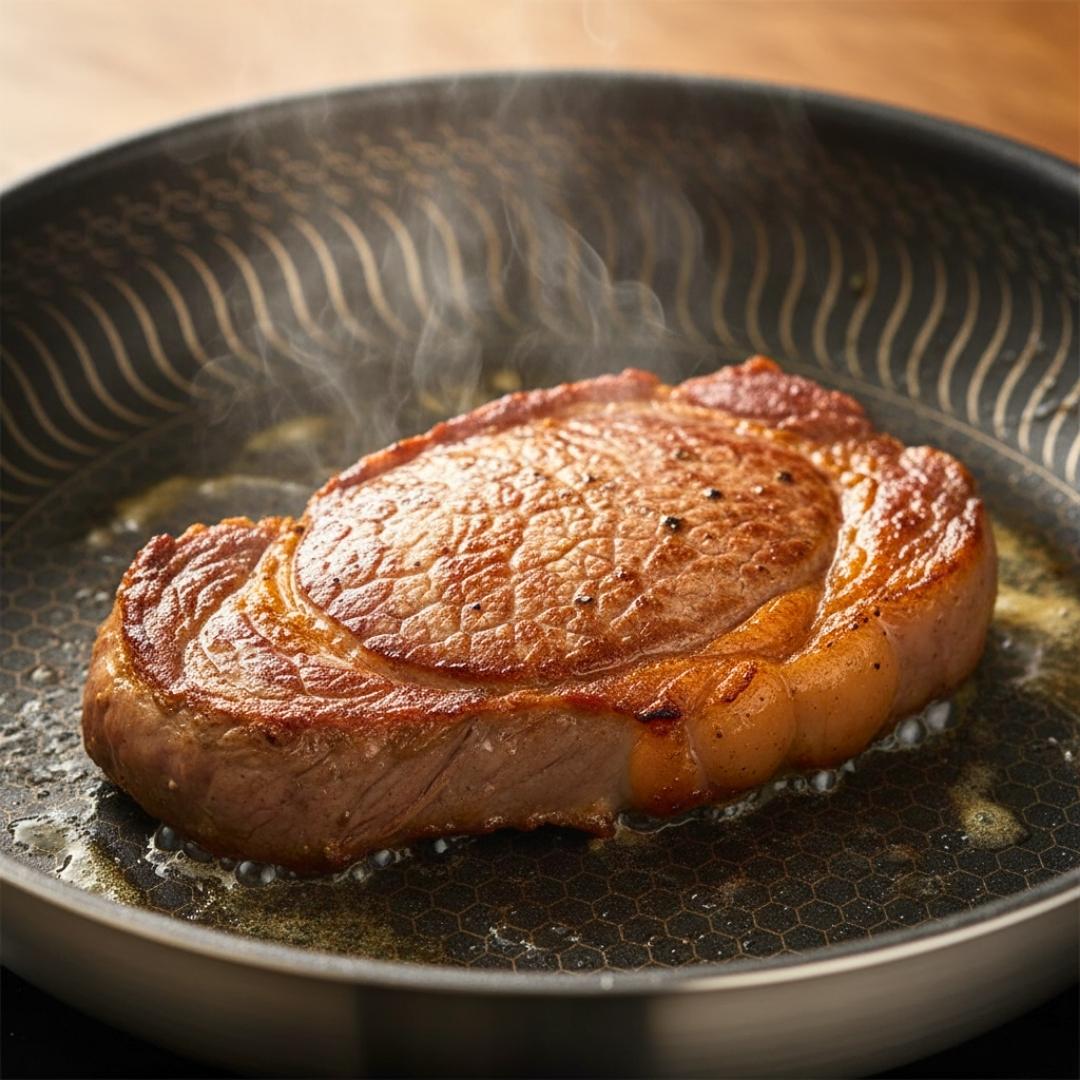 Grilled steak in a frying pan with steam rising