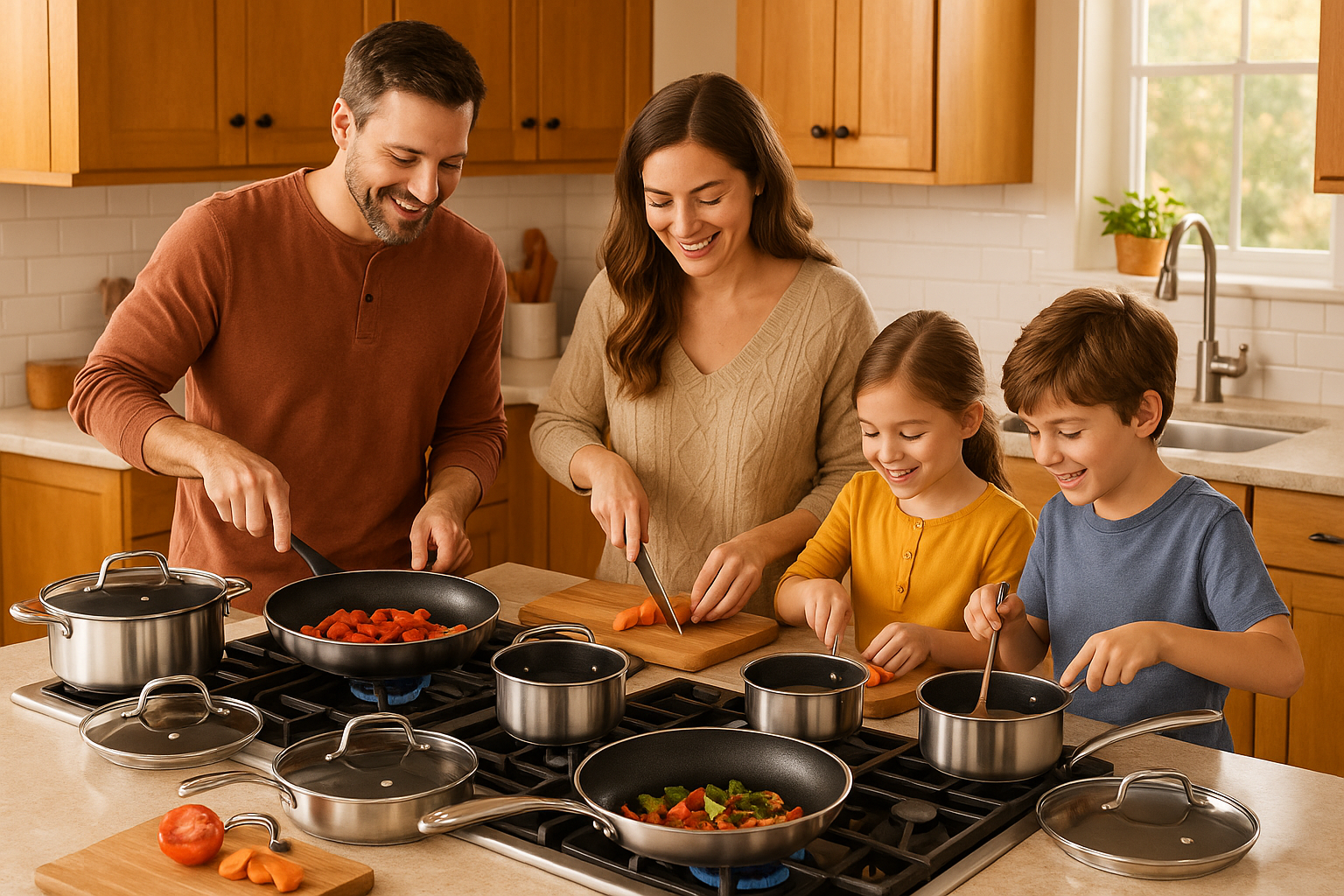 Family of four cooking together in a kitchen