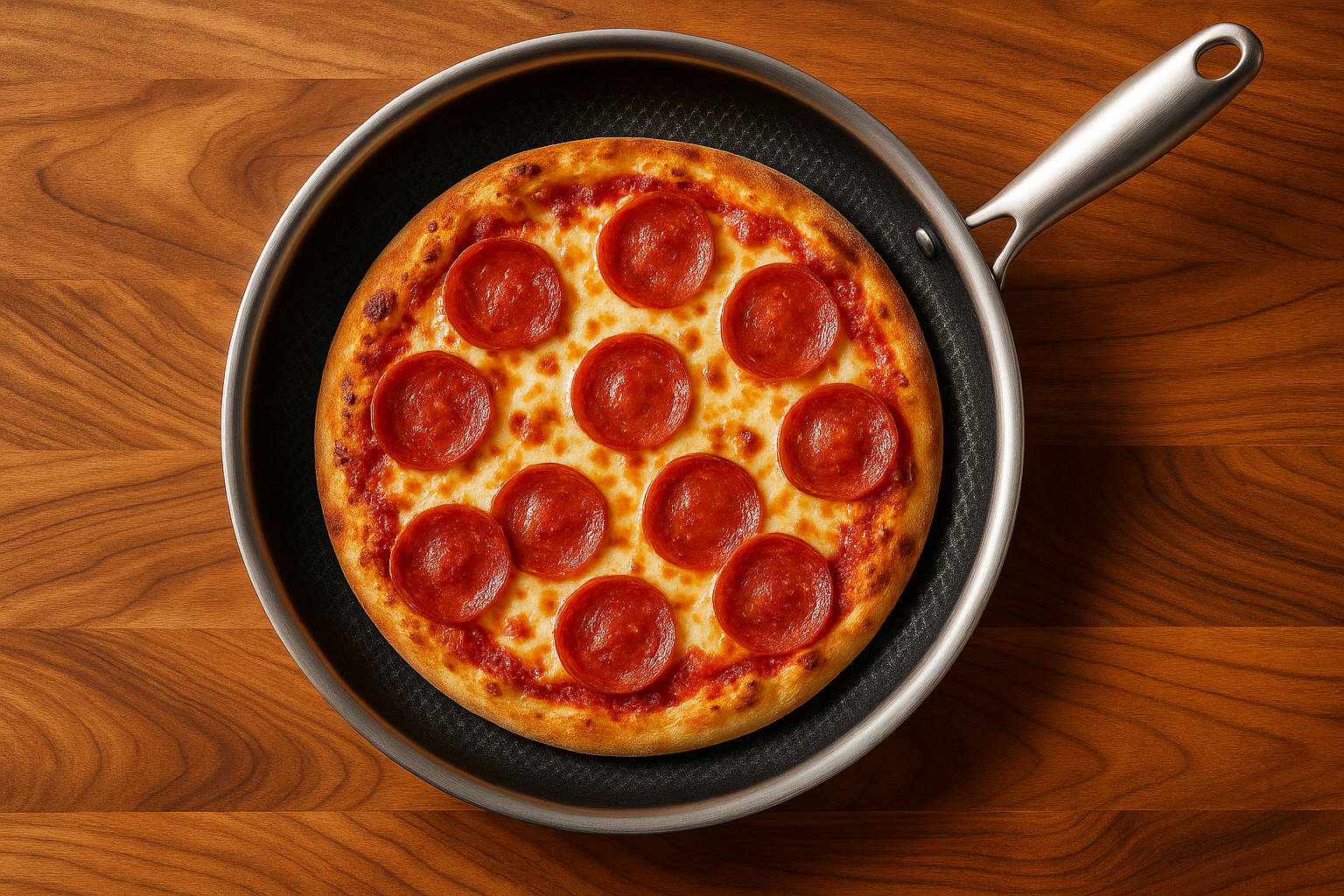 Pepperoni pizza in a pan on a wooden table