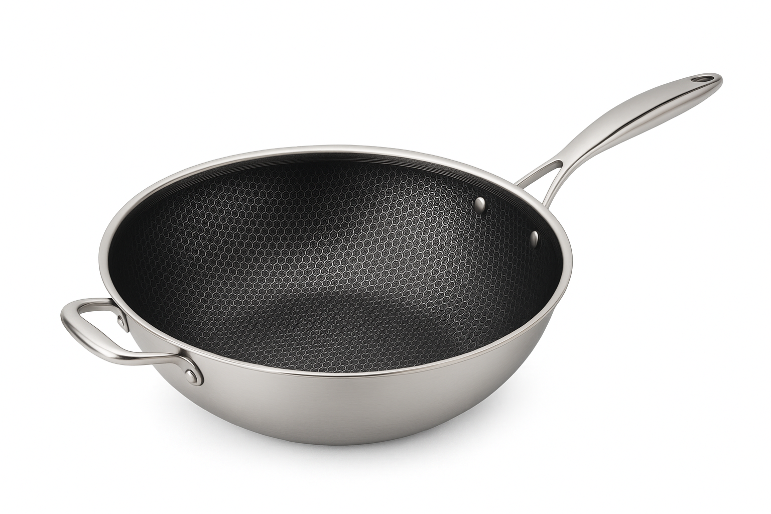 Stainless steel wok with a honeycomb pattern on a white background