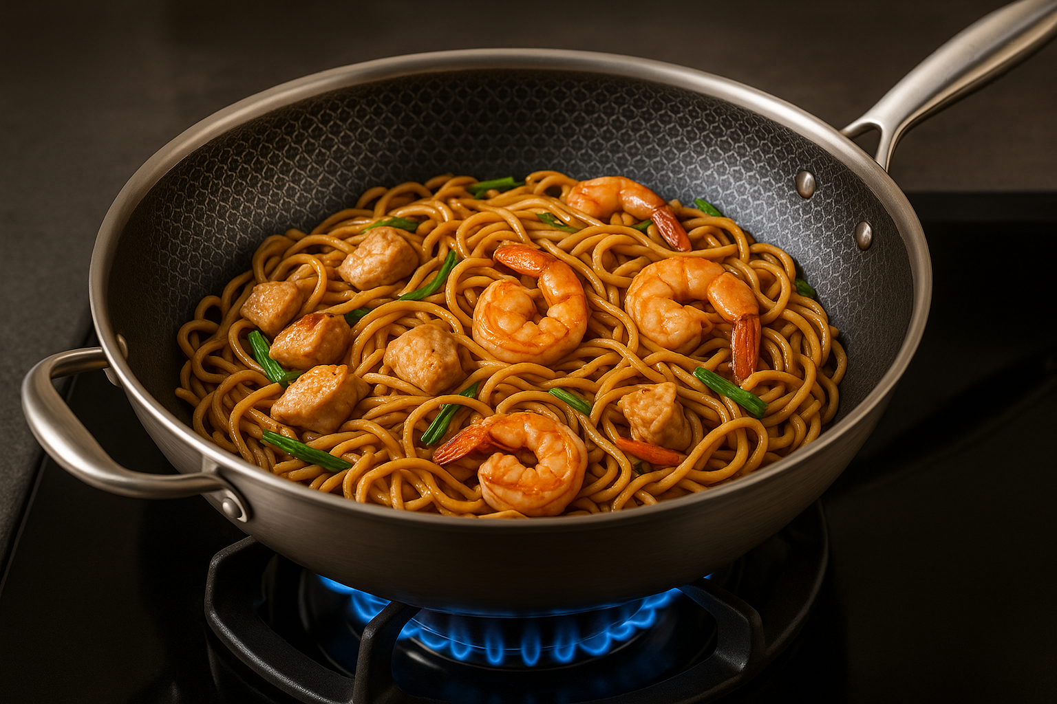 Frying pan with noodles and shrimp on a gas stove