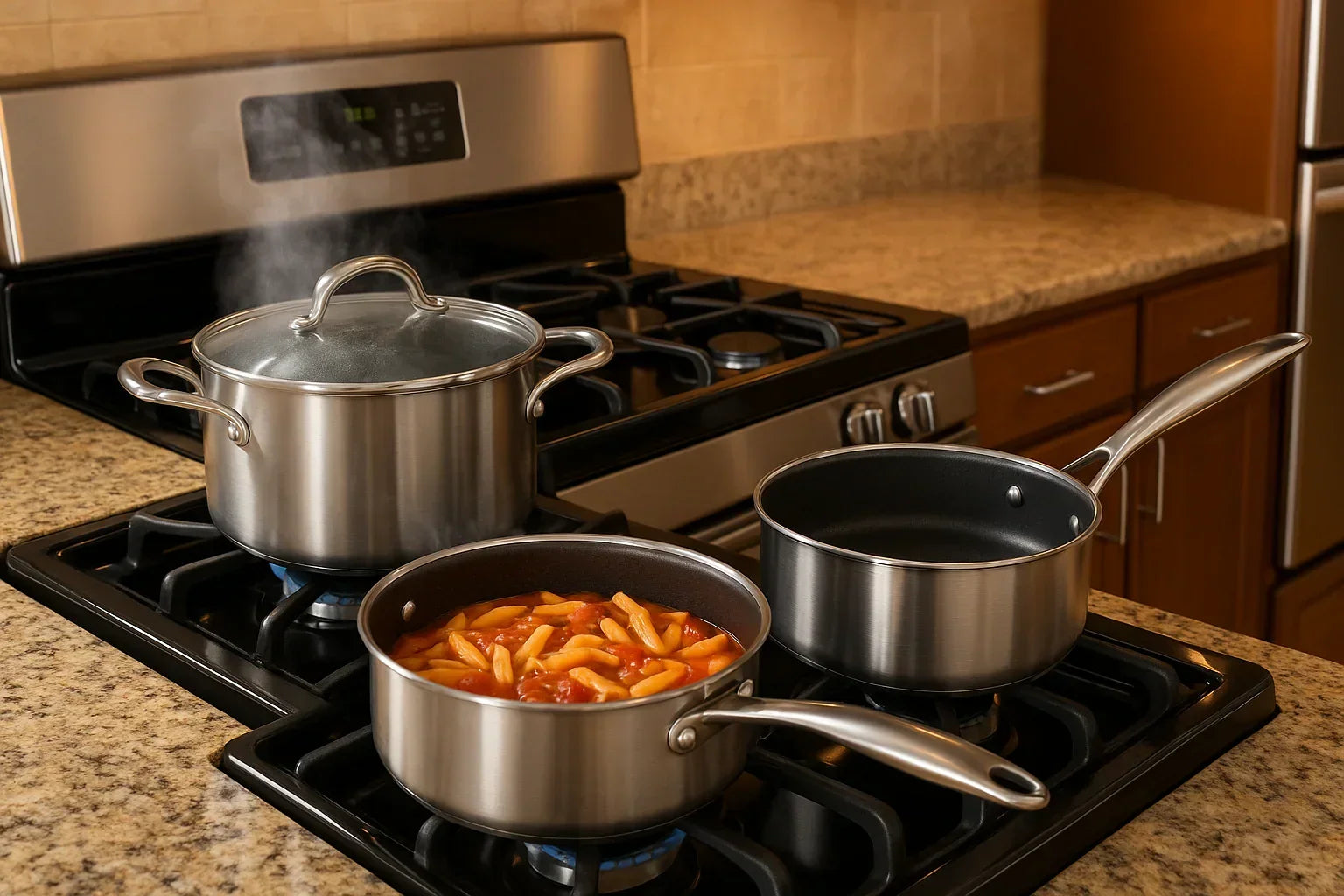 Stovetop with three pots on it, one containing pasta
