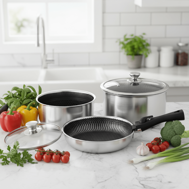 Set of stainless steel cookware on a kitchen counter with vegetables.