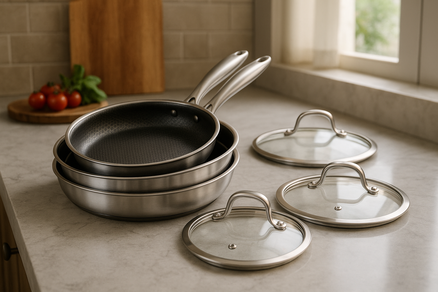 Set of stainless steel cookware with lids on a kitchen counter