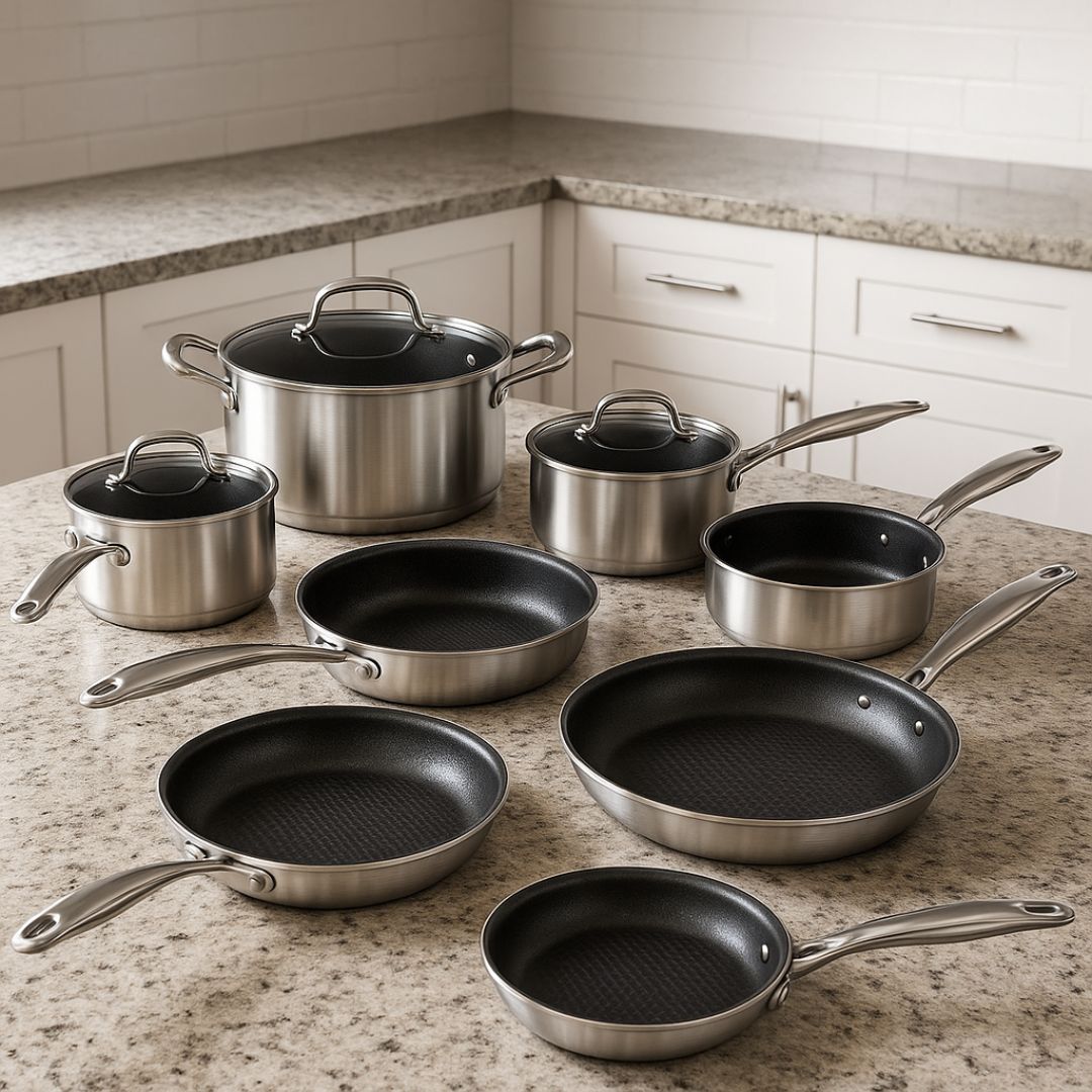 Set of stainless steel cookware on a kitchen counter