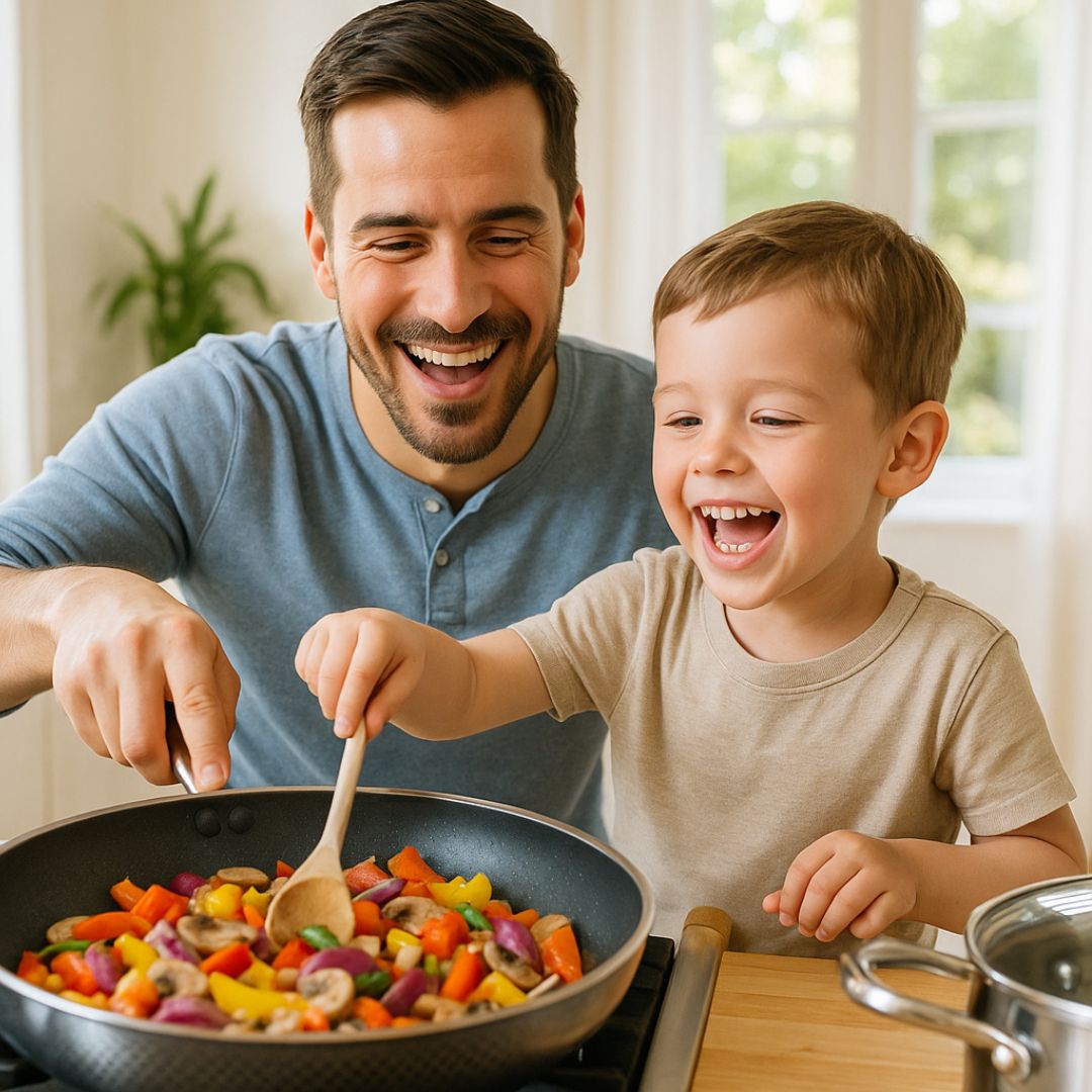 Man and child cooking together with a pan of colorful vegetables