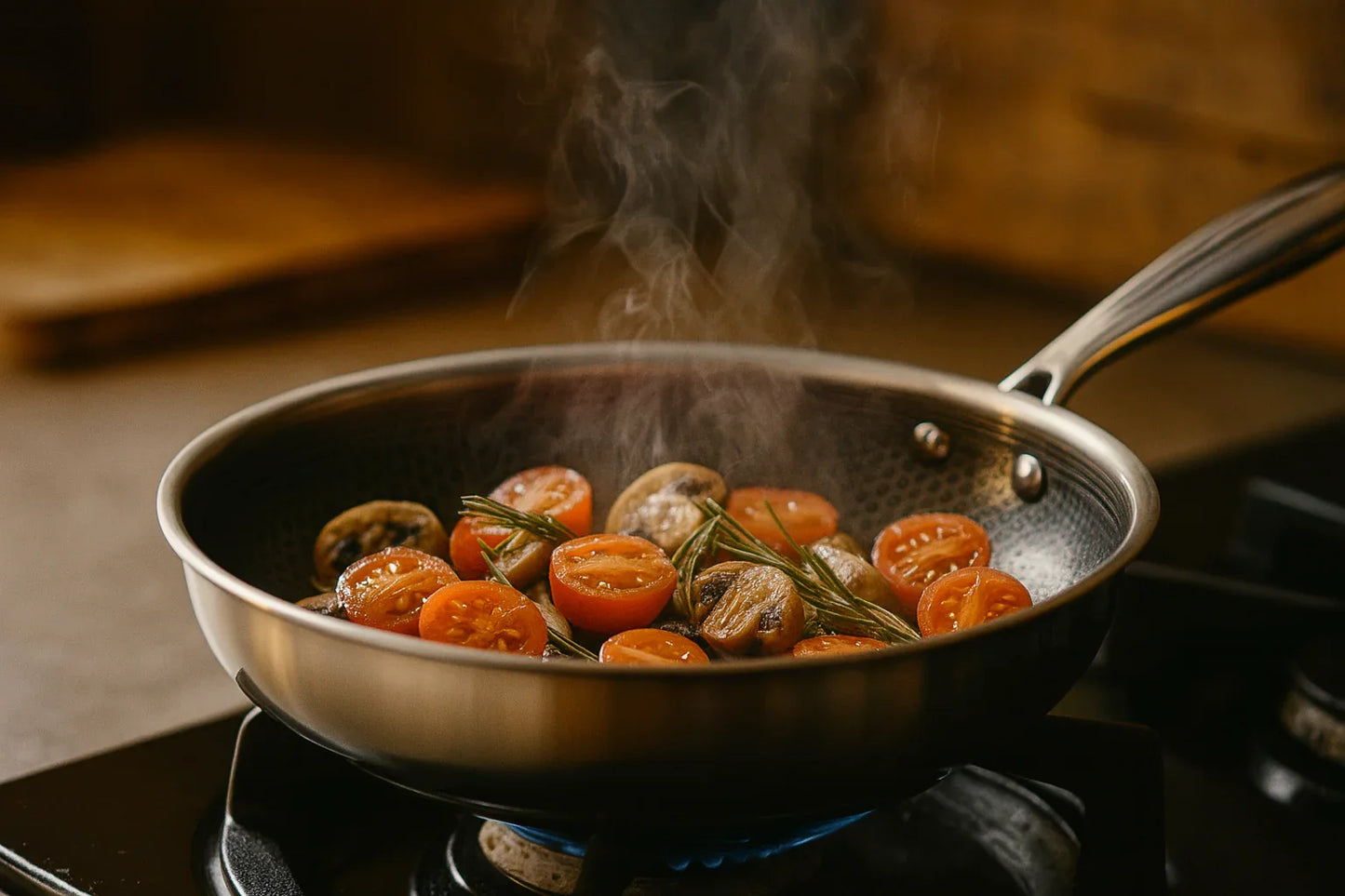 Sautéed vegetables in a pan on a stove with steam rising
