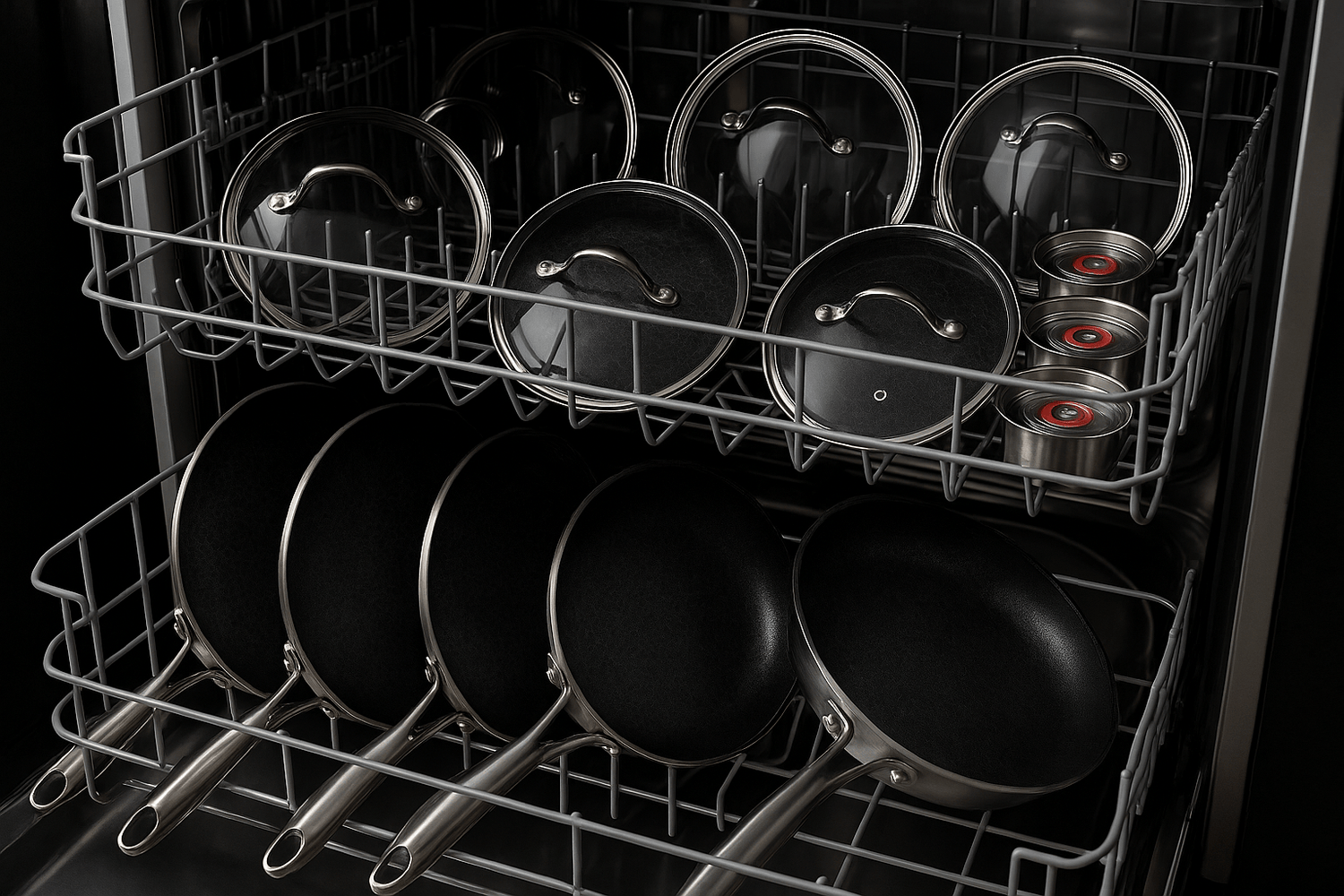 Dishwasher with pots, pans, and lids inside