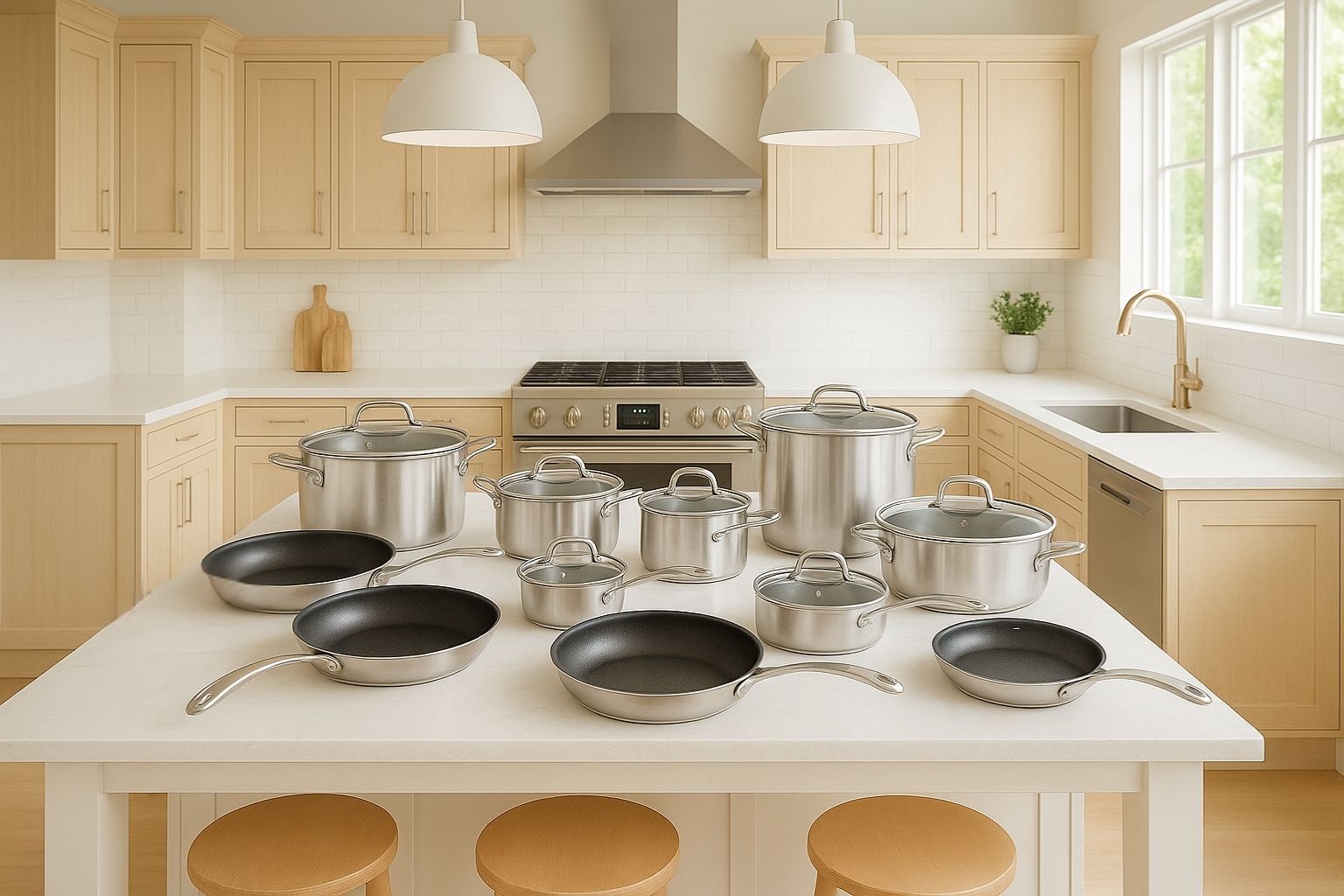 Kitchen with stainless steel pots and pans on a island counter