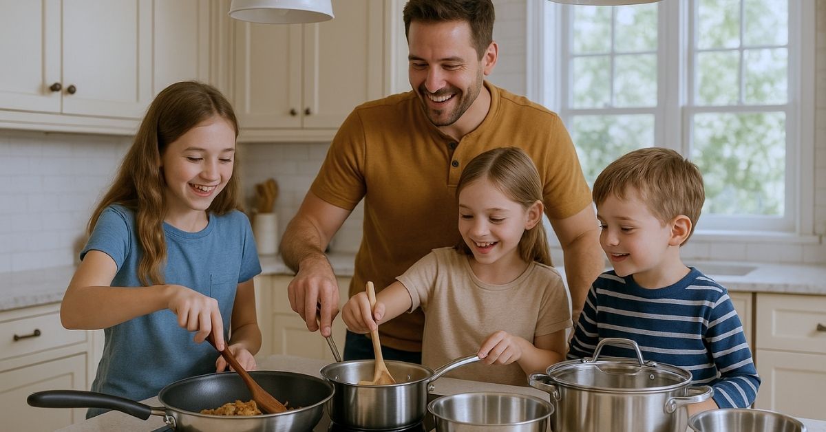 Family of four in a kitchen cooking together.