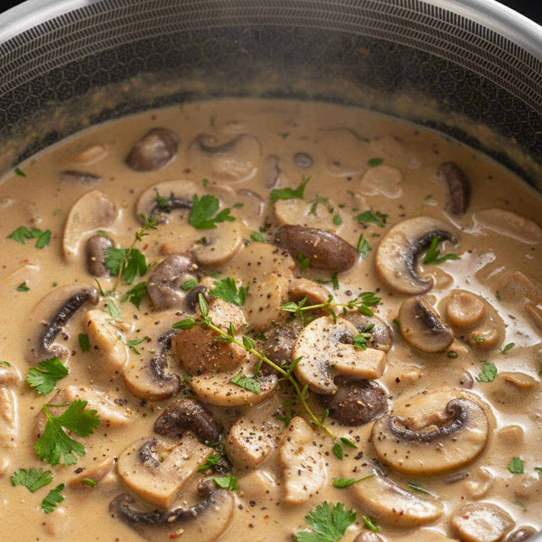 Mushroom stroganoff with creamy sauce and parsley in a metal pot.
