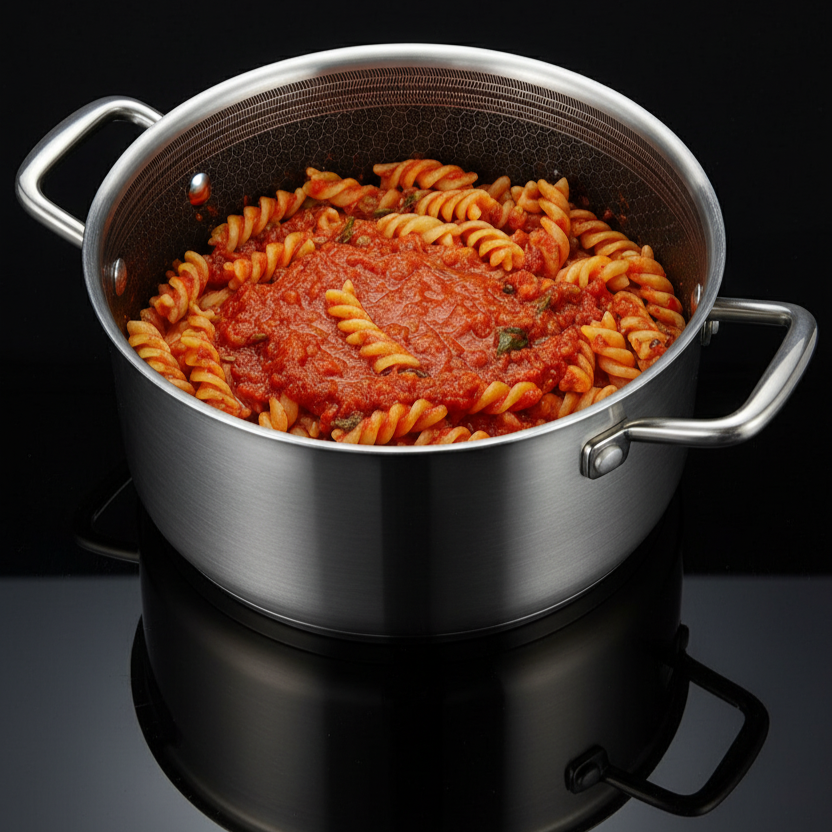 Stainless steel pot with pasta and sauce on a black background