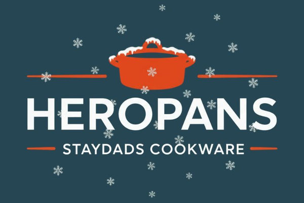 Logo of Heropans Staydads Cookware with a pot icon on a dark blue background with snowflakes.