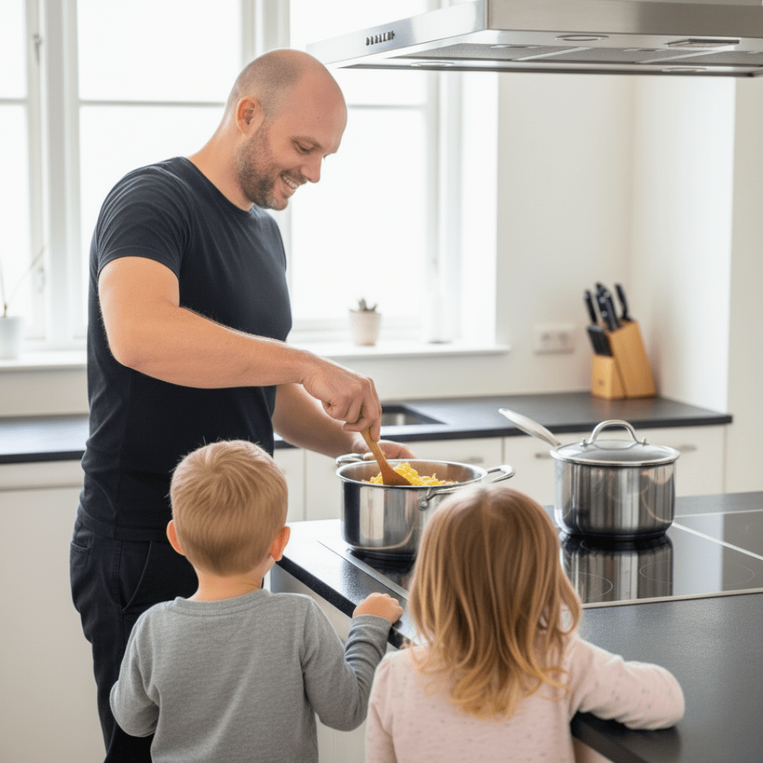 Man cooking with two children in a modern kitchen