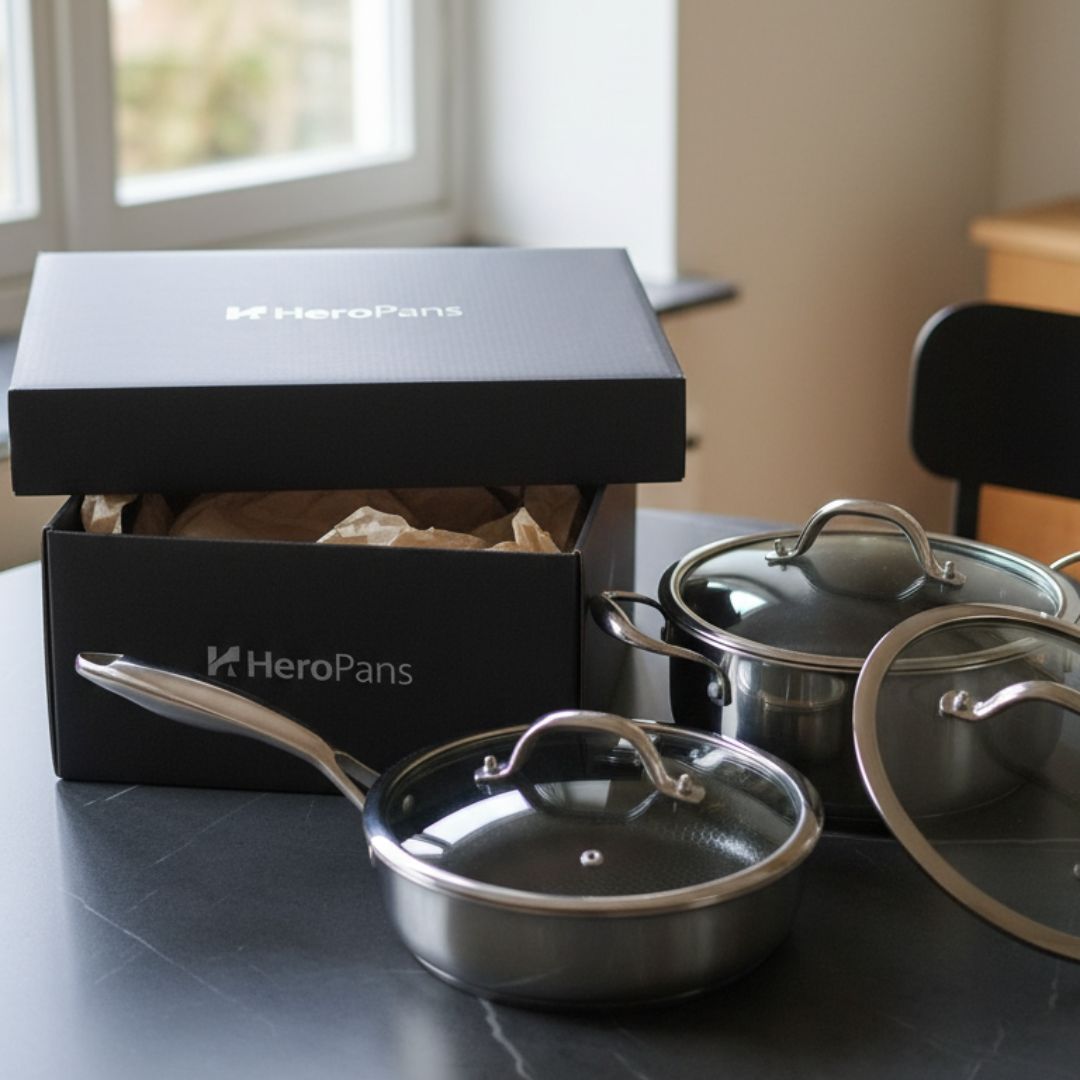 Set of cookware with lids on a table next to HeroPans packaging.