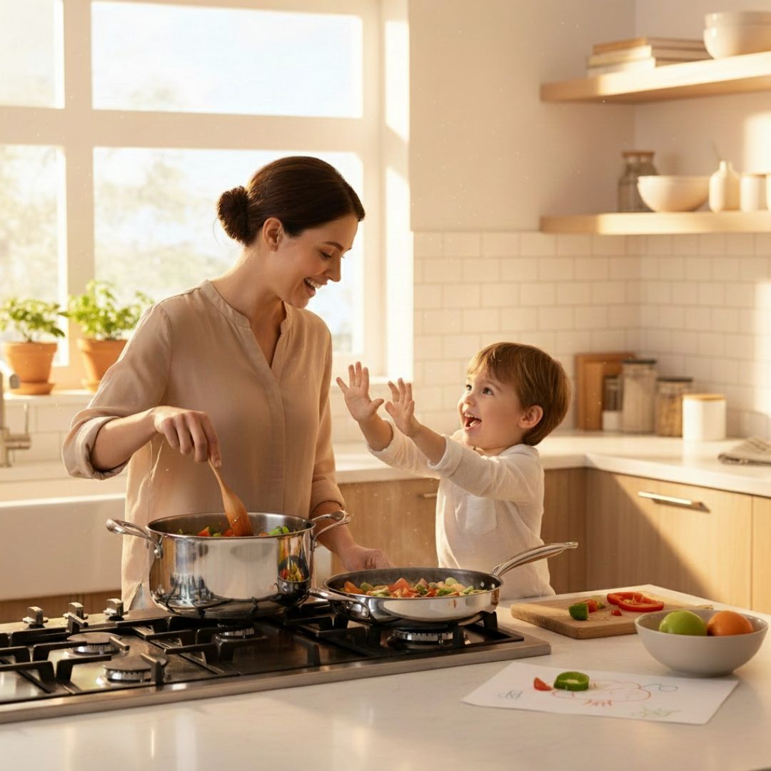 Woman and child cooking together in a kitchen