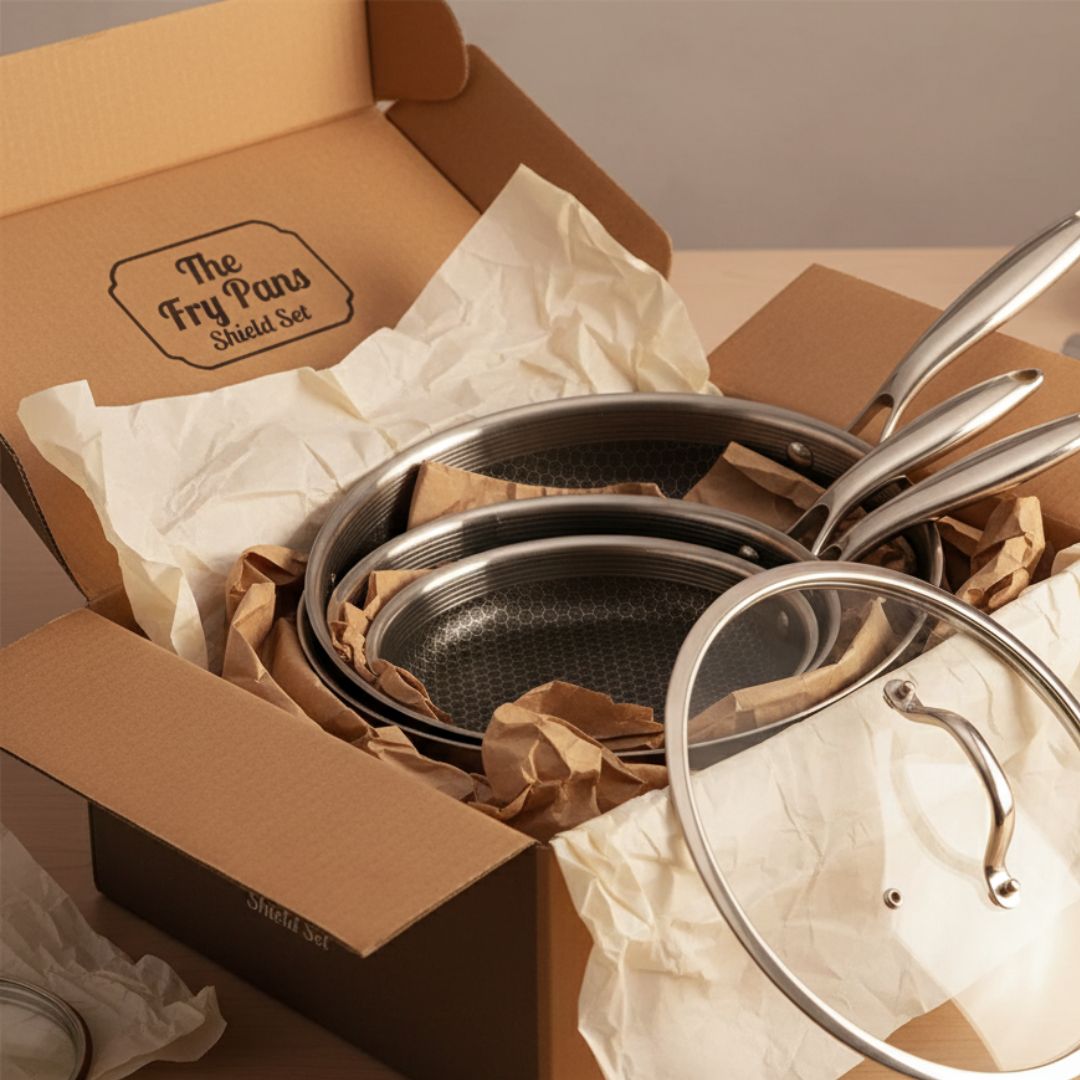 Set of stainless steel frying pans with lids in a cardboard box labeled 'The Fry Pans'.