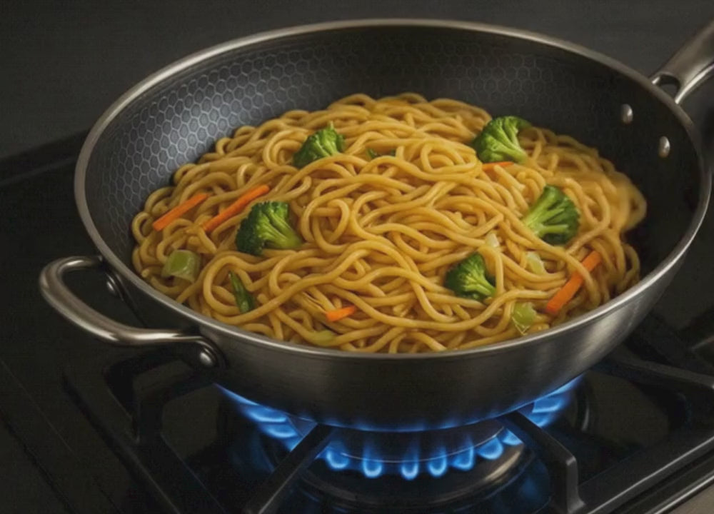 Load video: Pasta inside a wok on a gas burner