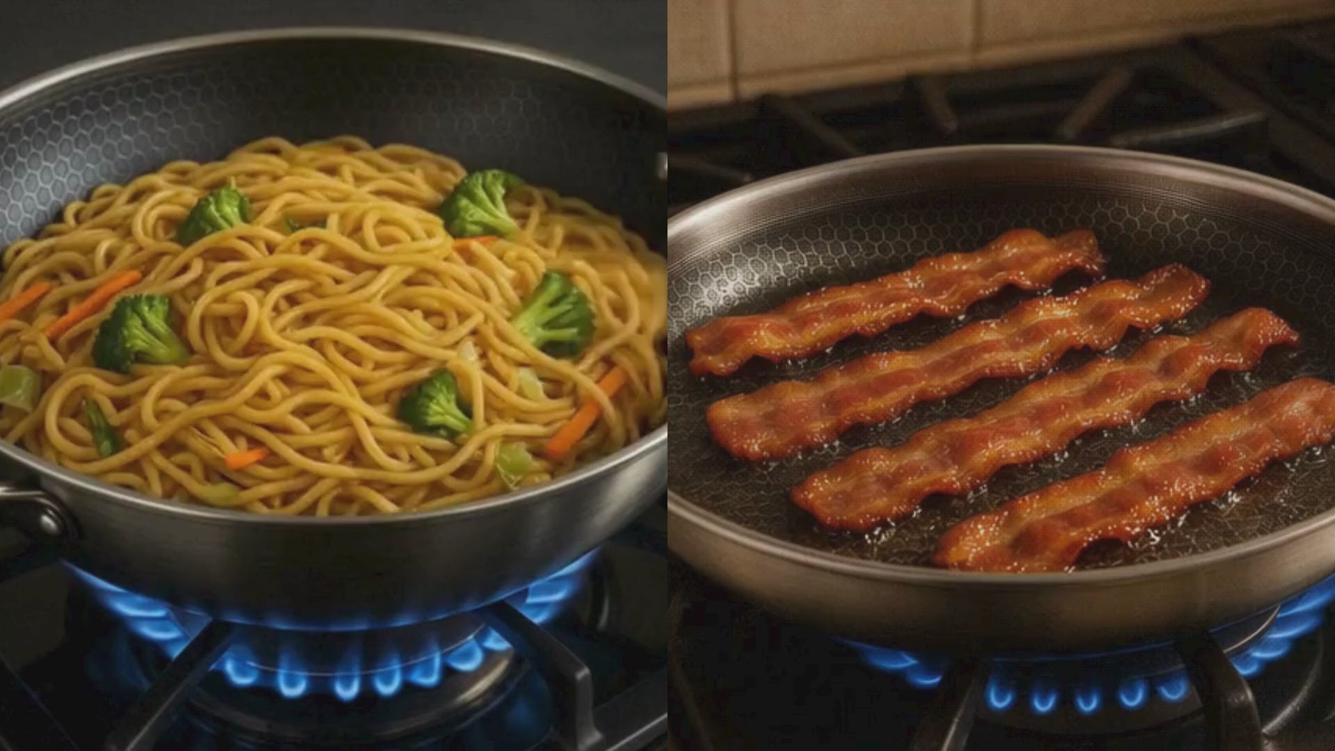 Load video: Pasta inside a wok on a gas burner, and bacon on a griddle